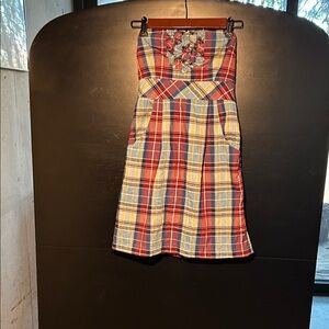 Ya Los Angeles Strapless Plaid Dress with Floral Detail